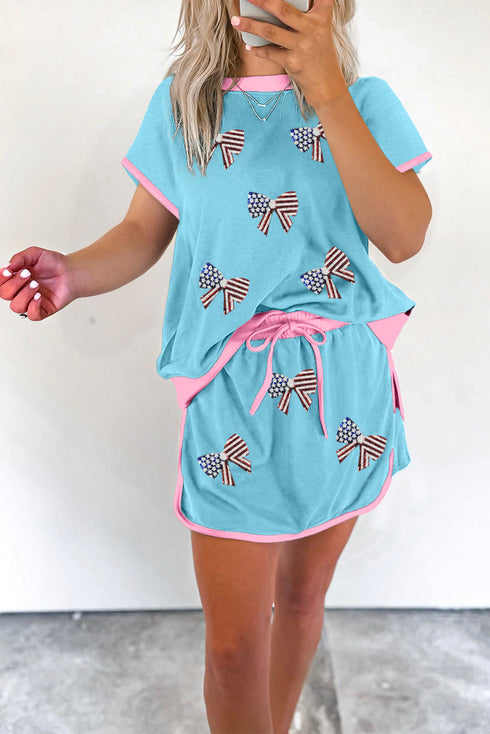 Turquoise Sequined American Bowknot Contrast Trim Casual Skirt Set